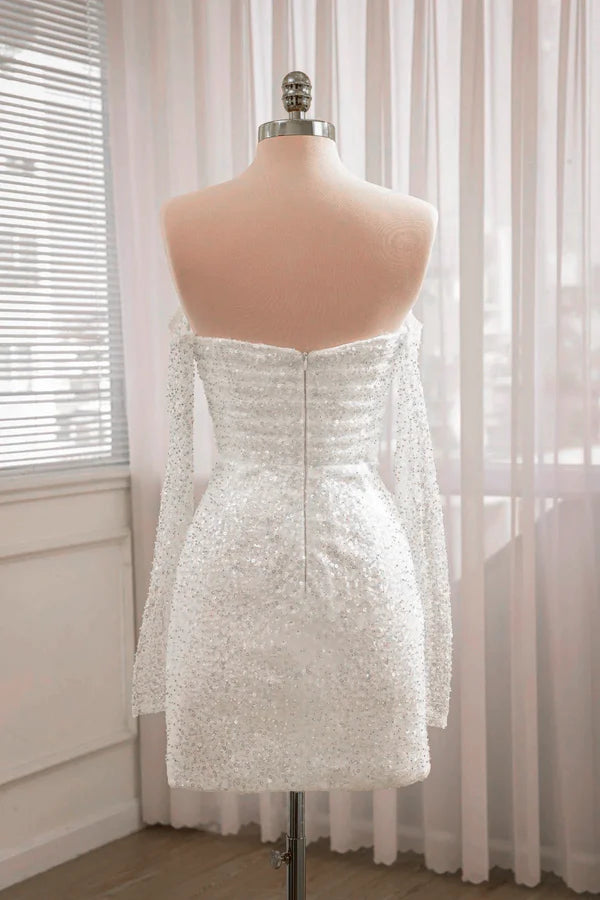 Buyishang Chic Short Sequined Backless Wedding Dress With Long Detachable Sleeves