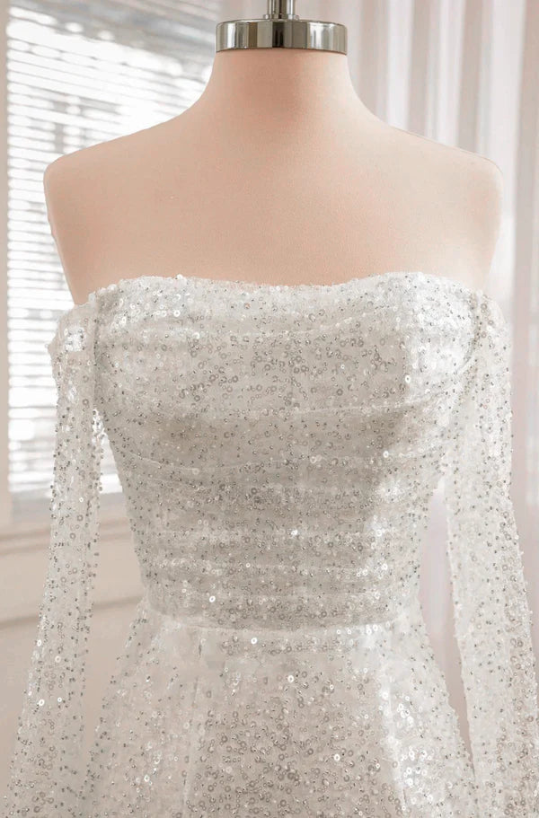 Buyishang Chic Short Sequined Backless Wedding Dress With Long Detachable Sleeves