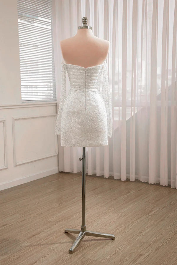 Buyishang Chic Short Sequined Backless Wedding Dress With Long Detachable Sleeves