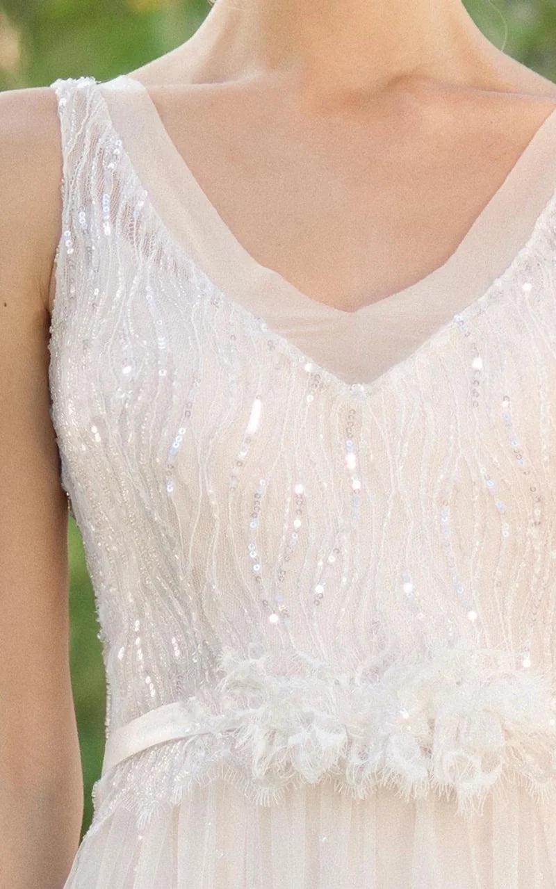 Buyishang Chiffon Tulle Lace Weddig Dress With Beading Sequins