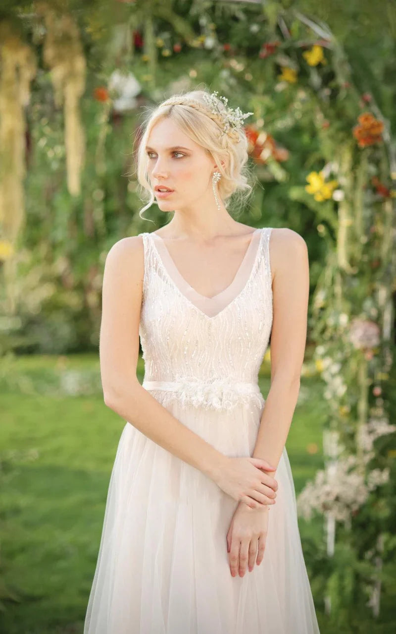 Buyishang Chiffon Tulle Lace Weddig Dress With Beading Sequins