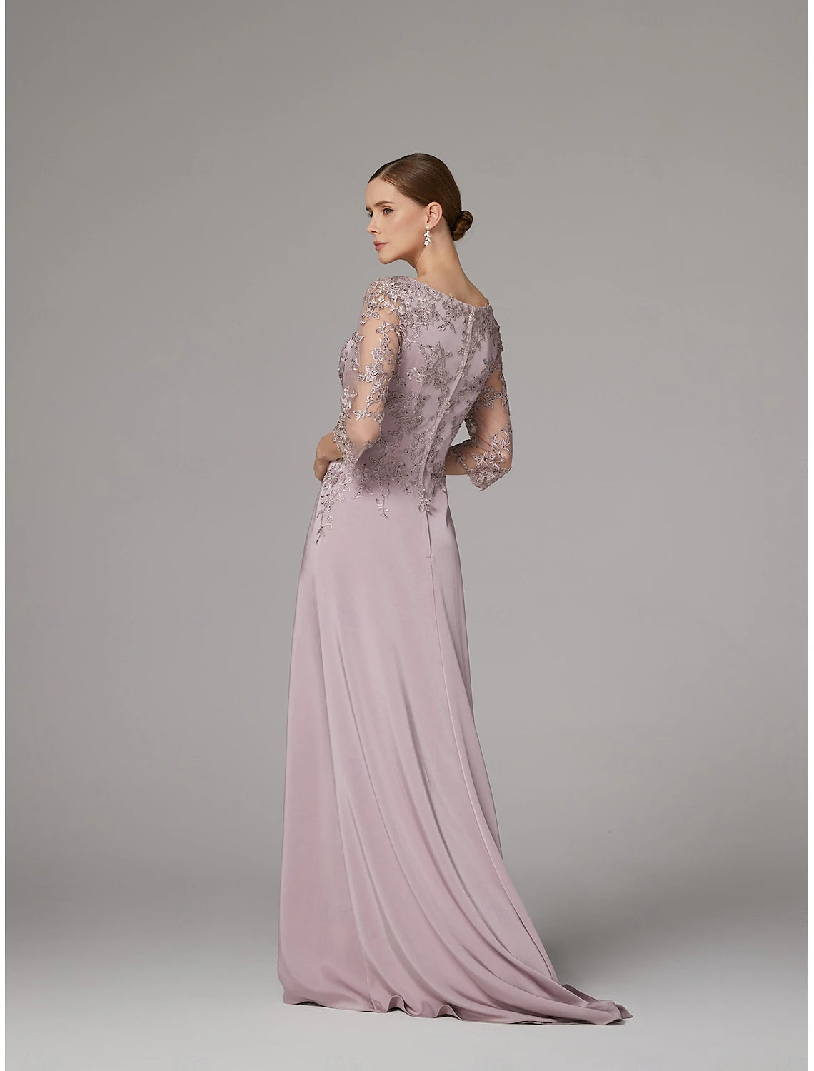 Buyishang Sheath Dress Mother of the Bride Dress Elegant Bateau Neck Floor Length Satin 3/4 Length Sleeve with Lace Appliques