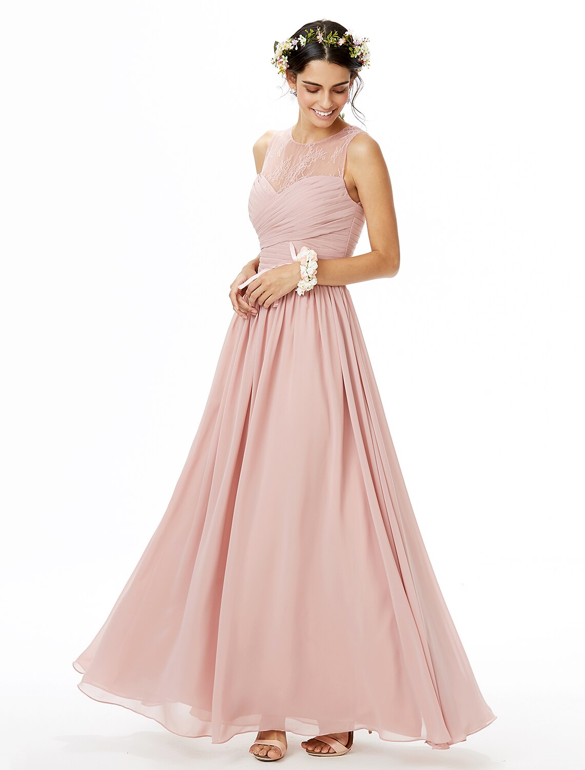 A-Line Bridesmaid Dress Jewel Neck Sleeveless See Through Floor Length Chiffon / Lace with Lace / Criss Cross / Pleats
