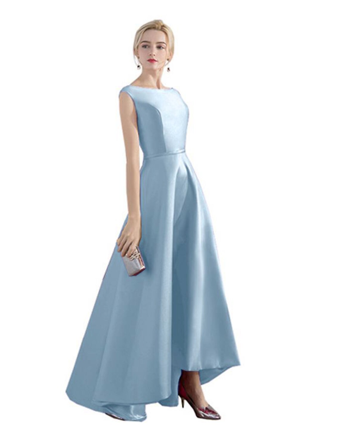 A-Line Evening Gown Minimalist Dress Wedding Guest Party Wear Asymmetrical Sleeveless Jewel Neck Satin with Sleek