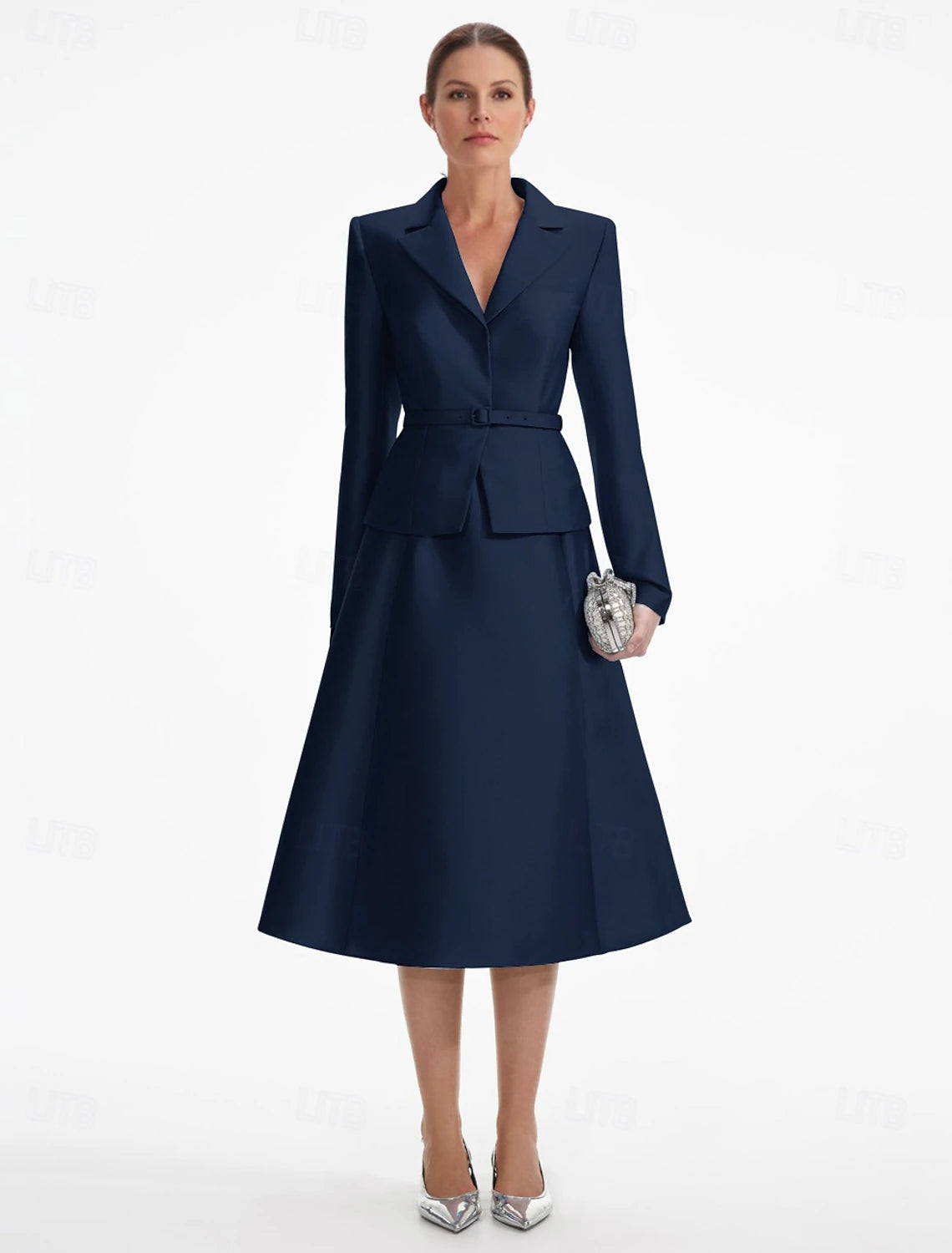 Buyishang A-Line Dress Mother of the Bride Dress Elegant V Neck Tea Length Satin Long Sleeve with Solid Color