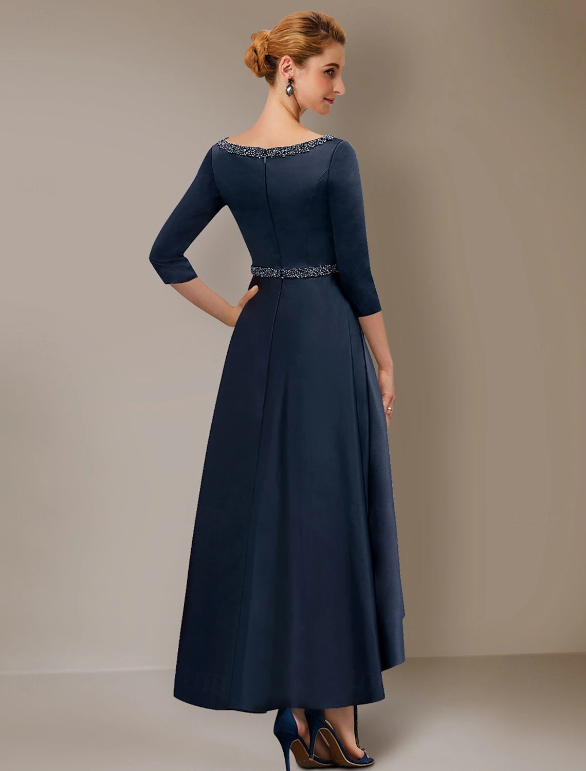 Buyishang A-Line Dress Mother of the Bride Dress Elegant High Low Jewel Neck Asymmetrical Tea Length Satin 3/4 Length Sleeve with Sash / Ribbon Pleats Solid Color free custom size