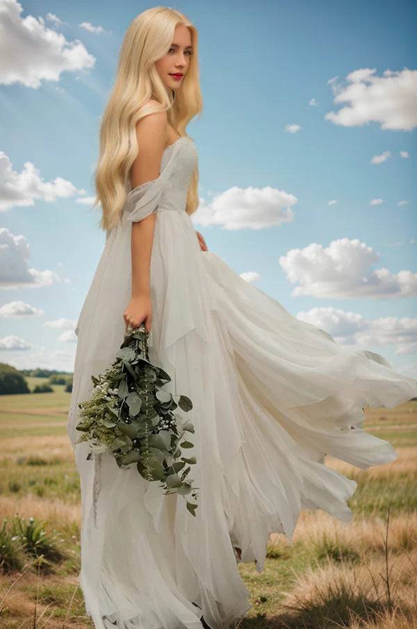 Buyishang A-Line Sweetheart Off-the-shoulder Chiffon Floor Length Wedding Dress