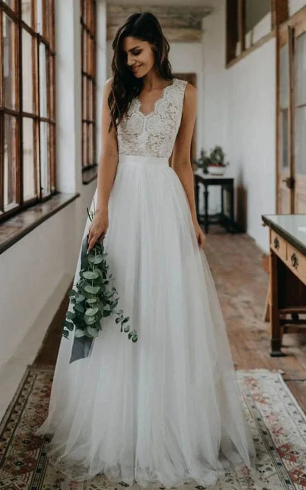 Buyishang Rustic Boho Elegant A Line Tulle Lace V-neck Open Back Floor Length Sleeveless Wedding Dress