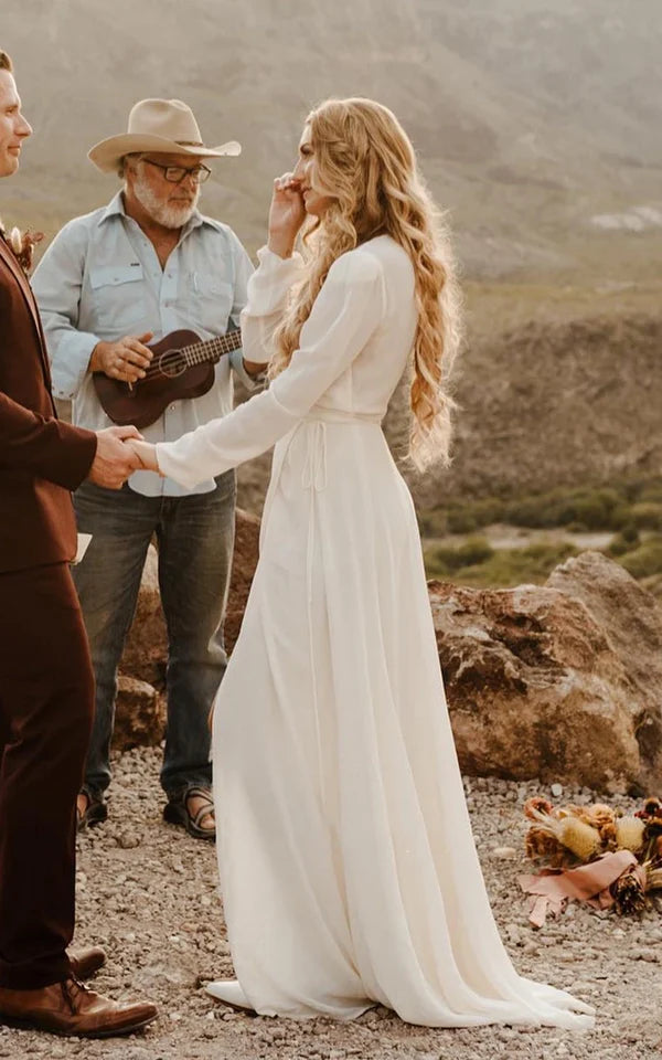 Buyishang A-Line Sleeved Chiffon Wedding Dress with Sweep Train and Slit