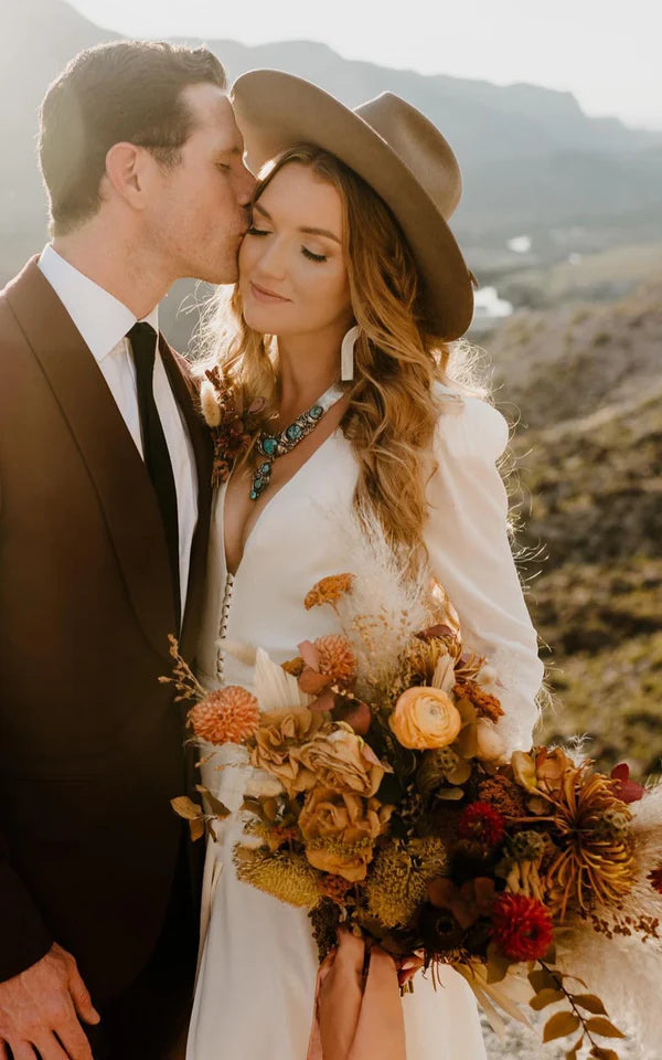 Buyishang A-Line Sleeved Chiffon Wedding Dress with Sweep Train and Slit