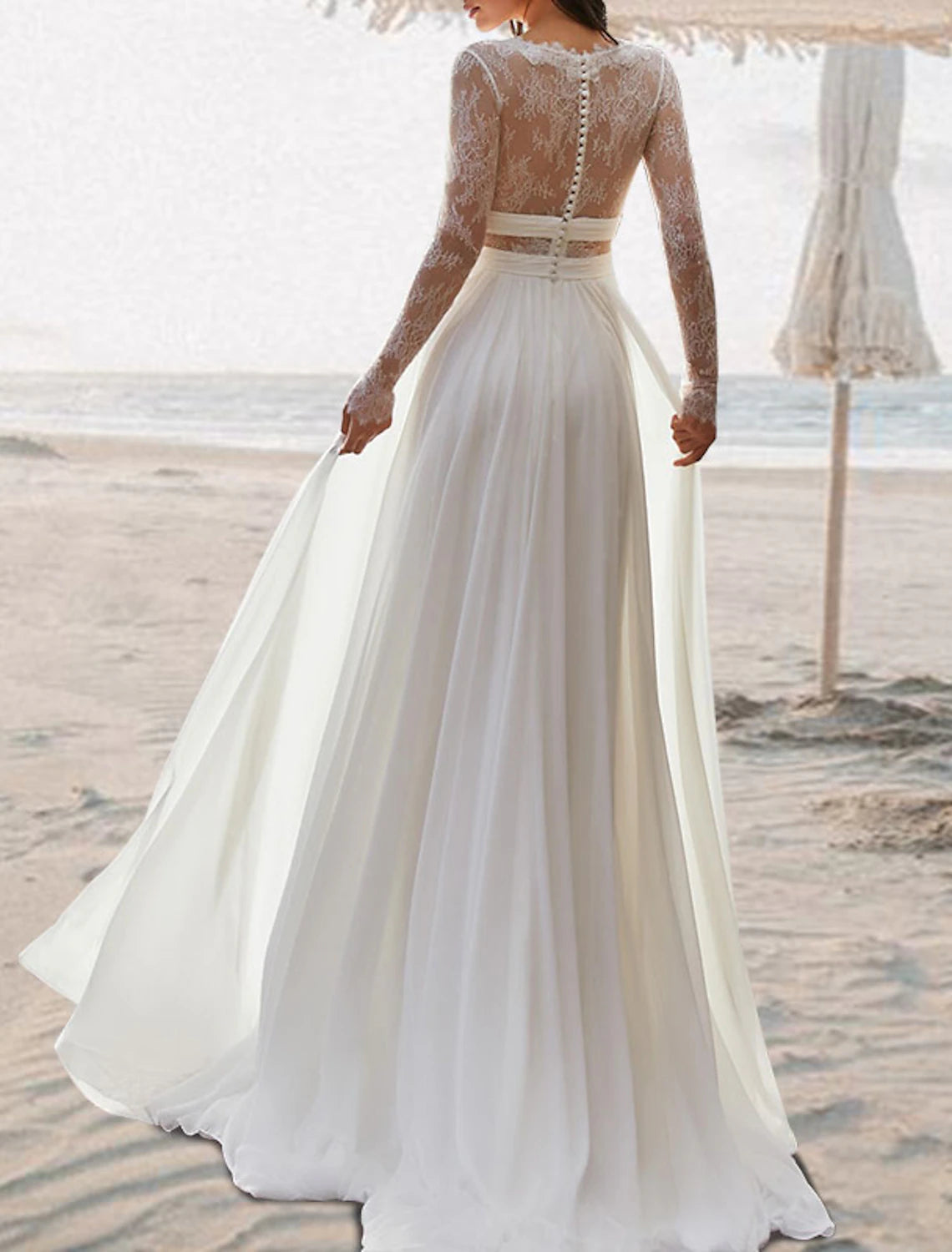 Buyishang Beach Open Back Boho Wedding Dresses A-Line V Neck Sleeveless Floor Length Chiffon Bridal Gowns With Pleats