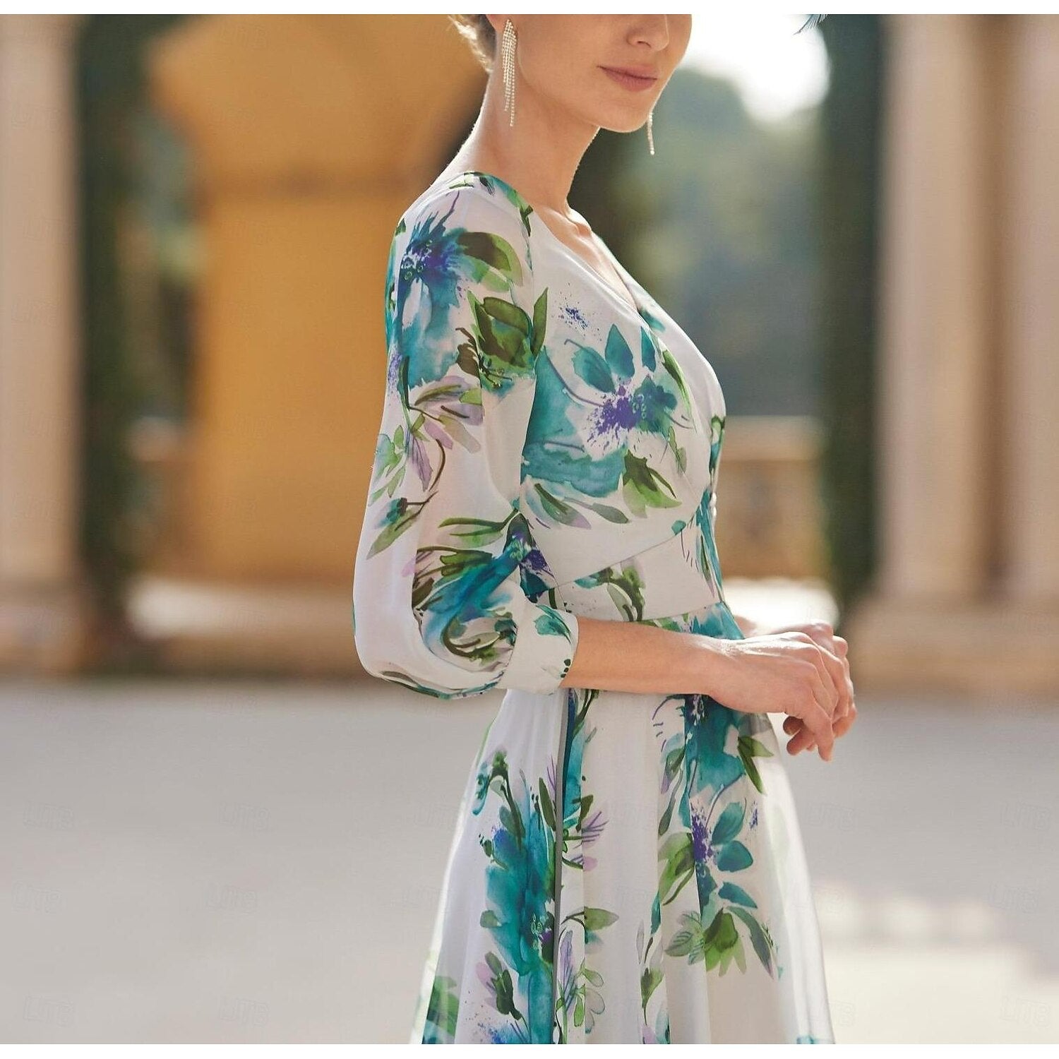 Buyishang A-Line Mother of the Bride Dress Formal Wedding Guest Semi-formal Elegant V Neck Tea Length Chiffon Polyester 3/4 Length Sleeve with Flower free custom size