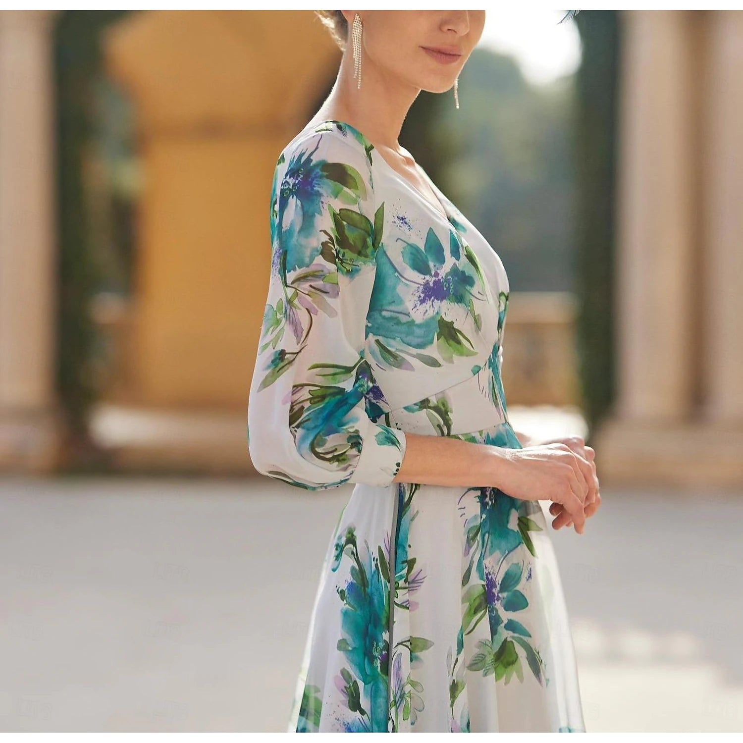 Buyishang A-Line Mother of the Bride Dress Formal Wedding Guest Elegant V Neck Tea Length Chiffon Polyester 3/4 Length Sleeve with Flower free custom size