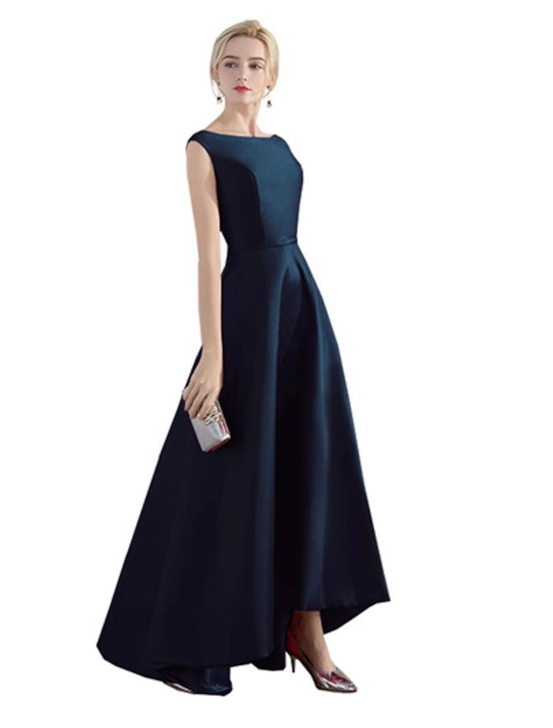 A-Line Evening Gown Minimalist Dress Party Wear Formal Evening Asymmetrical Sleeveless Jewel Neck Satin with Sleek