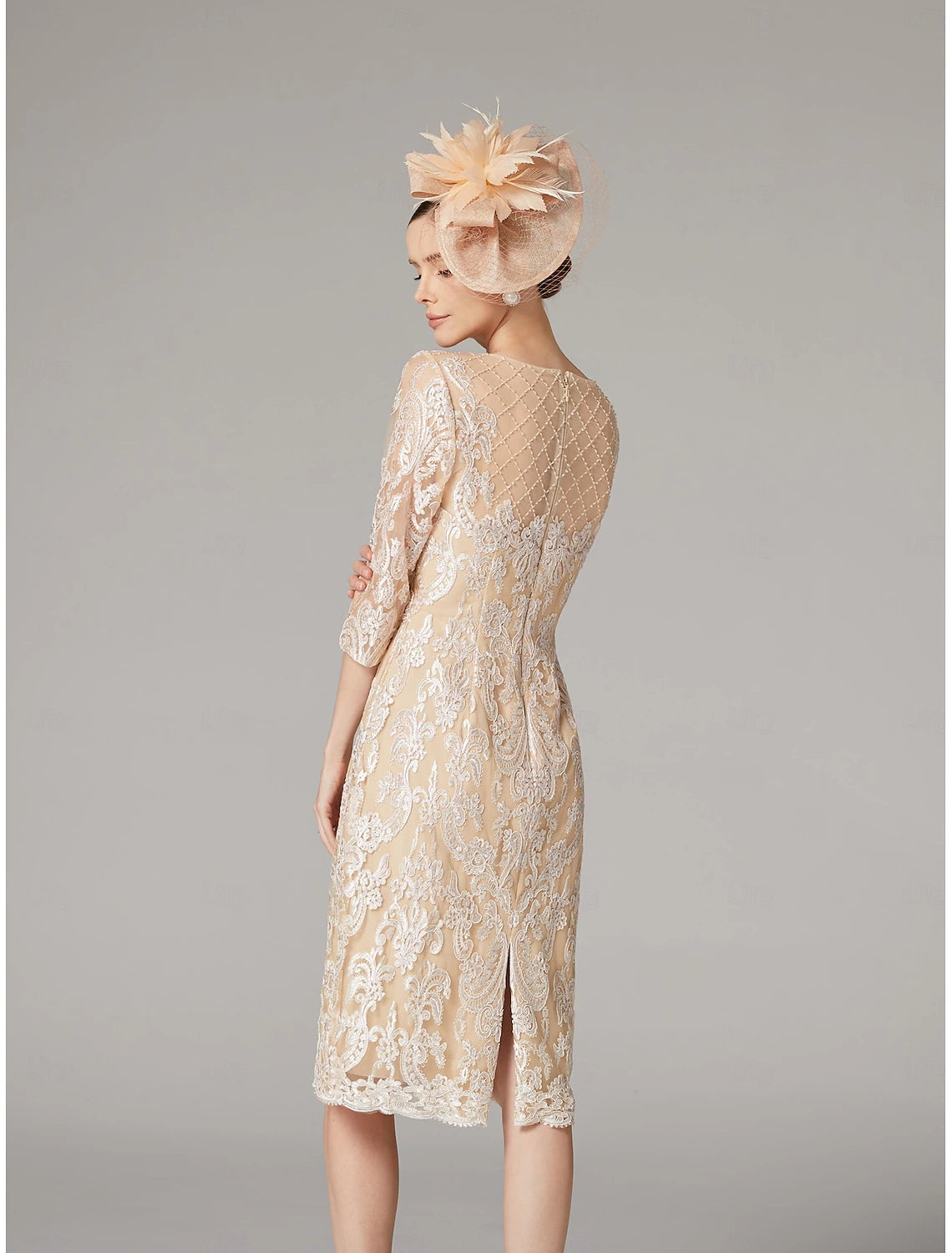 Buyishang Two Piece Sheath Dress Suit Mother of the Bride Dress Elegant Jewel Neck Knee Length Chiffon Lace 3/4 Length Sleeve Wrap Included Jacket Dresses with Beading Appliques