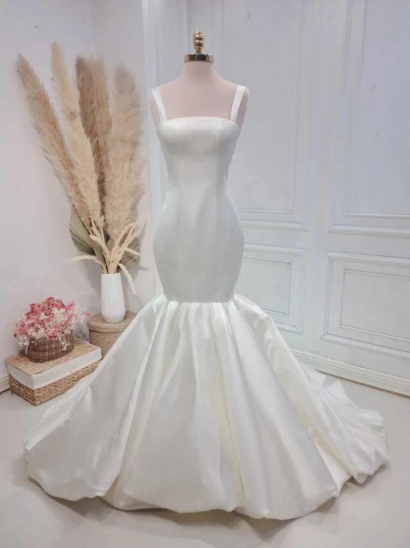 Buyishang Mermaid Simple Satin White Wedding Dress Sweep Train Bridal Gown