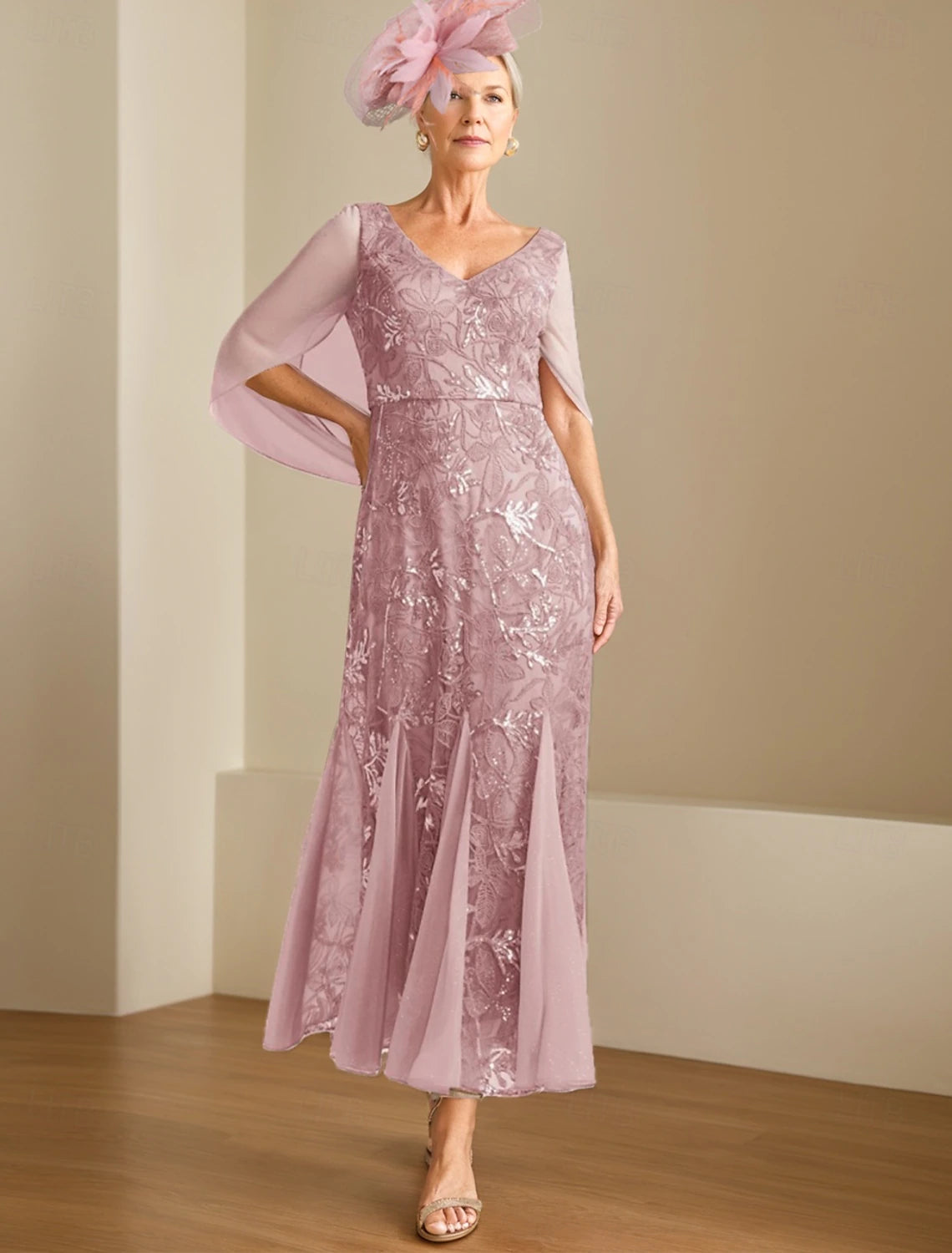 Buyishang A-Line Dress Mother of the Bride Dress Elegant V Neck Ankle Length Chiffon Half Sleeve with Lace Solid Color free custom size