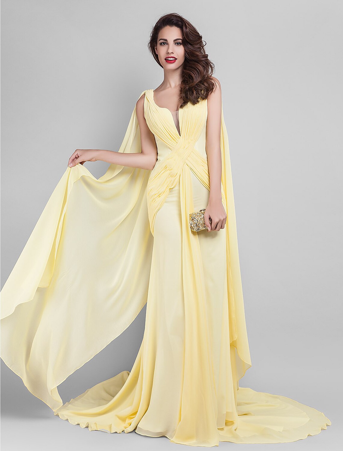 Sheath / Column Elegant Dress Wedding Guest Prom Court Train Sleeveless Plunging Neck Georgette V Back with Criss Cross Side Draping