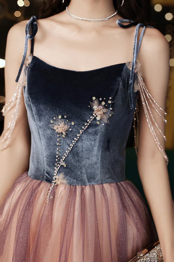 Cute Spaghetti Strap Tulle Long Prom Dress A-Line Evening Party Dress