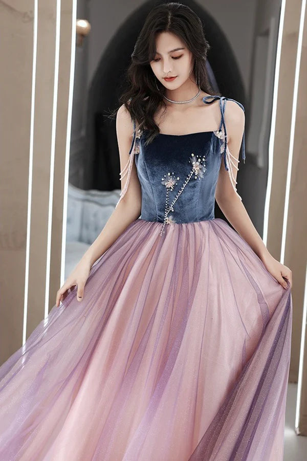 Cute Spaghetti Strap Tulle Long Prom Dress A-Line Evening Party Dress