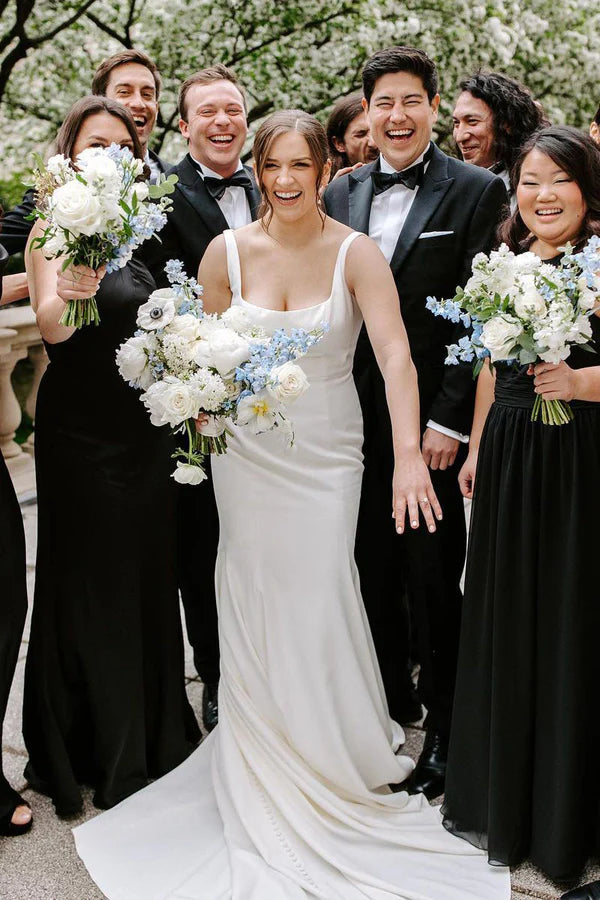 Buyishang Mermaid Square Neck White Satin Wedding Dresses