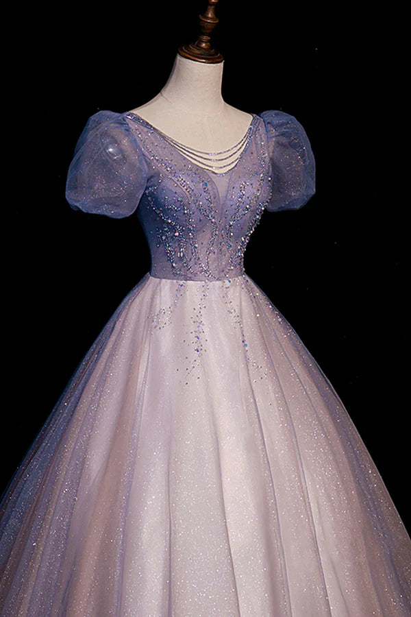 A-Line Tulle Long Prom Dress with Beaded Blue Short Sleeve Evening Dress