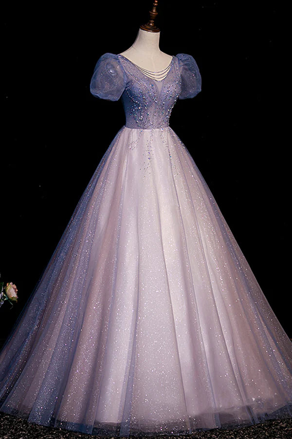A-Line Tulle Long Prom Dress with Beaded Blue Short Sleeve Evening Dress