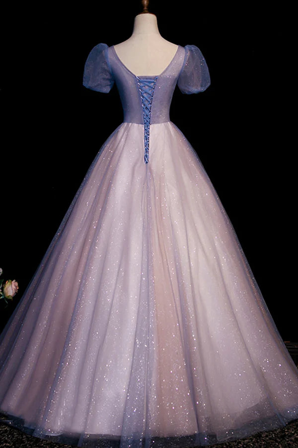 A-Line Tulle Long Prom Dress with Beaded Blue Short Sleeve Evening Dress