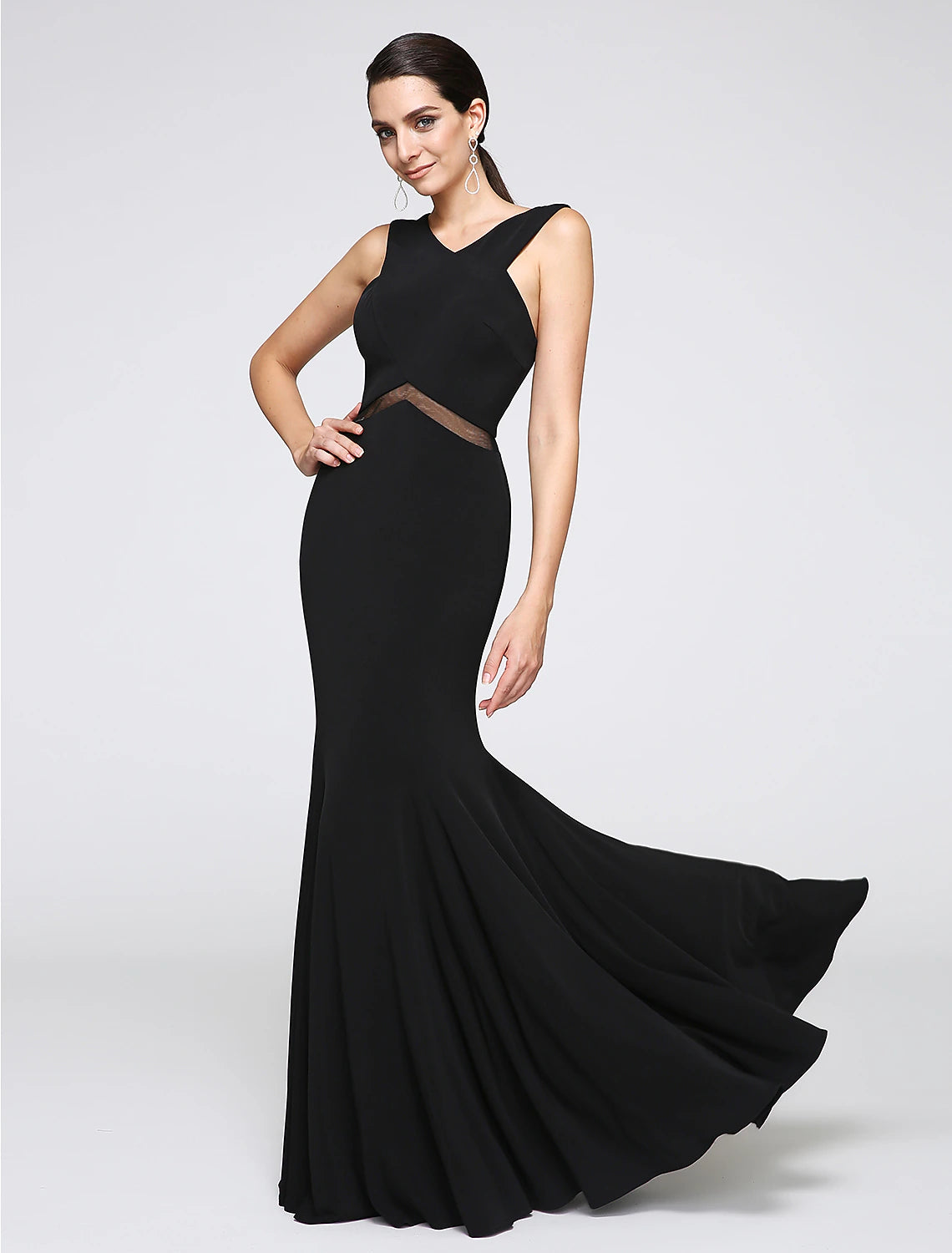 Y Neck Floor Length Jersey Minimalist Holiday / Cocktail Party / Formal Evening Dress with Lace