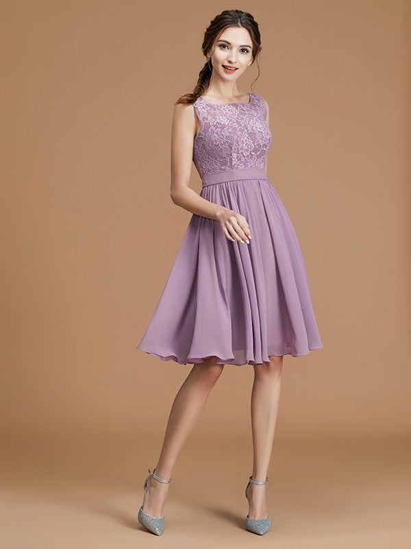 A-Line/Princess Bateau Sleeveless Short/Mini Lace Chiffon Bridesmaid Dresses