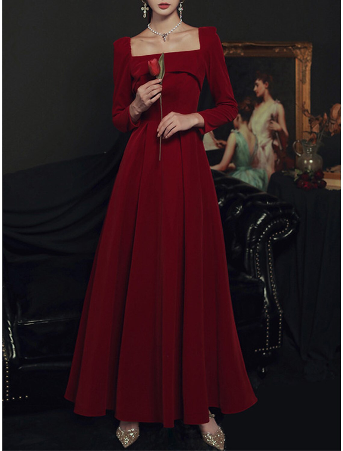 A-Line Prom Dresses Vintage Dress Prom Formal Evening Ankle Length Long Sleeve Square Neck Velvet with Pleats