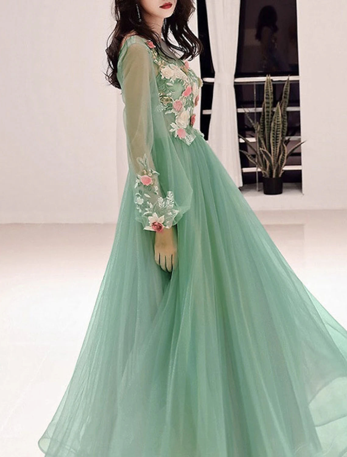 A-Line Prom Dresses Luxurious Dress Wedding Guest Formal Evening Floor Length Long Sleeve Illusion Neck Tulle with Appliques