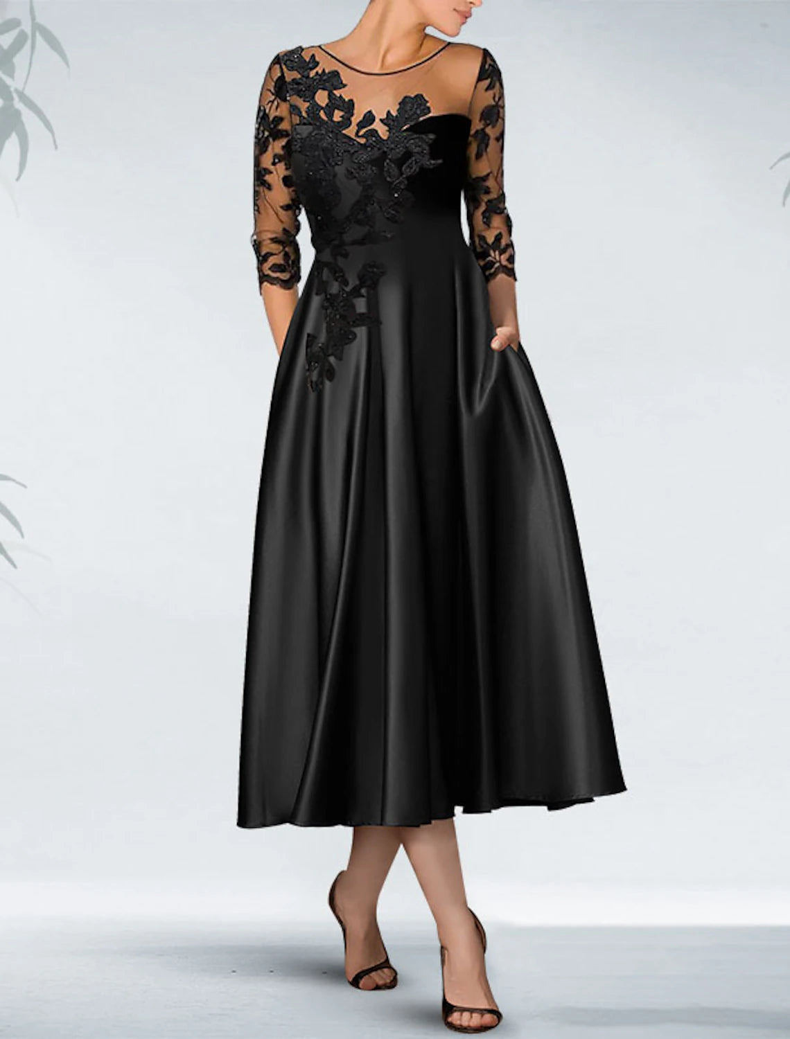 A-Line Cocktail Black Dress Plus Size Appliques Elegant Dress Fall Wedding Guest Dress For Mother Knee Length 3/4 Length Sleeve Off Shoulder  Satin with Beading