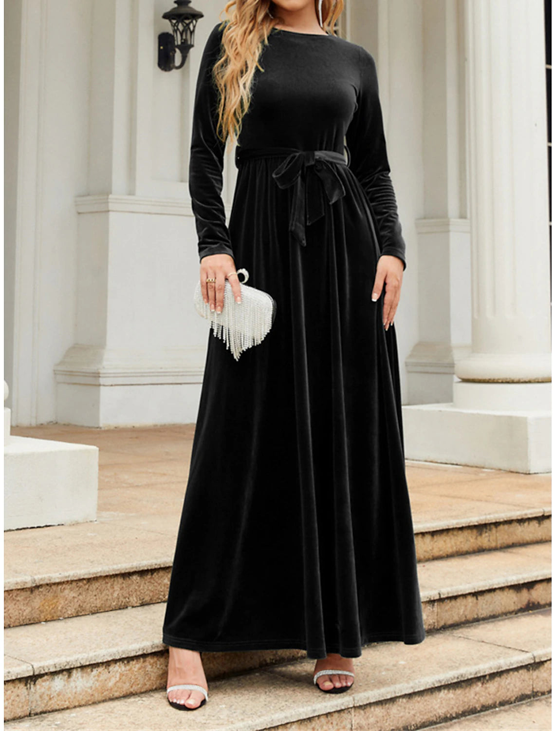 Women's Black Dress Velvet Dress Prom Dress Long Dress Maxi Dress Black Wine Blue Long Sleeve Pure Color Lace up Fall Winter Autumn Crew Neck Fashion Winter Dress Christmas Wedding Guest