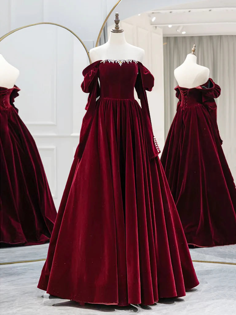 Buyishang A-Line Long Sleeves Velvet Burgundy Long Prom Dress Burgundy Long Evening Dress with Beads