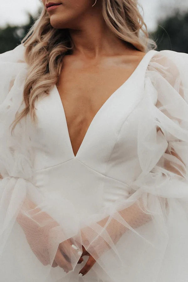 Buyishang Fairy Mermaid Satin Long Wedding Dresses with Long Sleeves