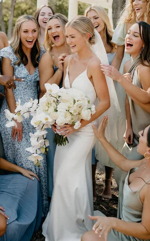 Buyishang Sexy Plunging Neckline Mermaid Satin Wedding Dress With Sweep Train