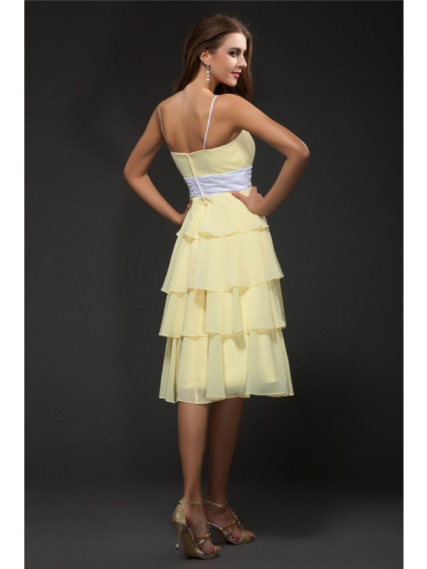 Sheath/Column Spaghetti Straps Belt Short Sleeveless Chiffon Bridesmaid Dresses