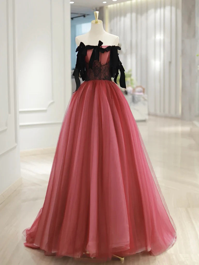Buyishang A-Line Tulle Watermelon Red Long Prom Dress Watermelon Red Tulle Long Formal Dress