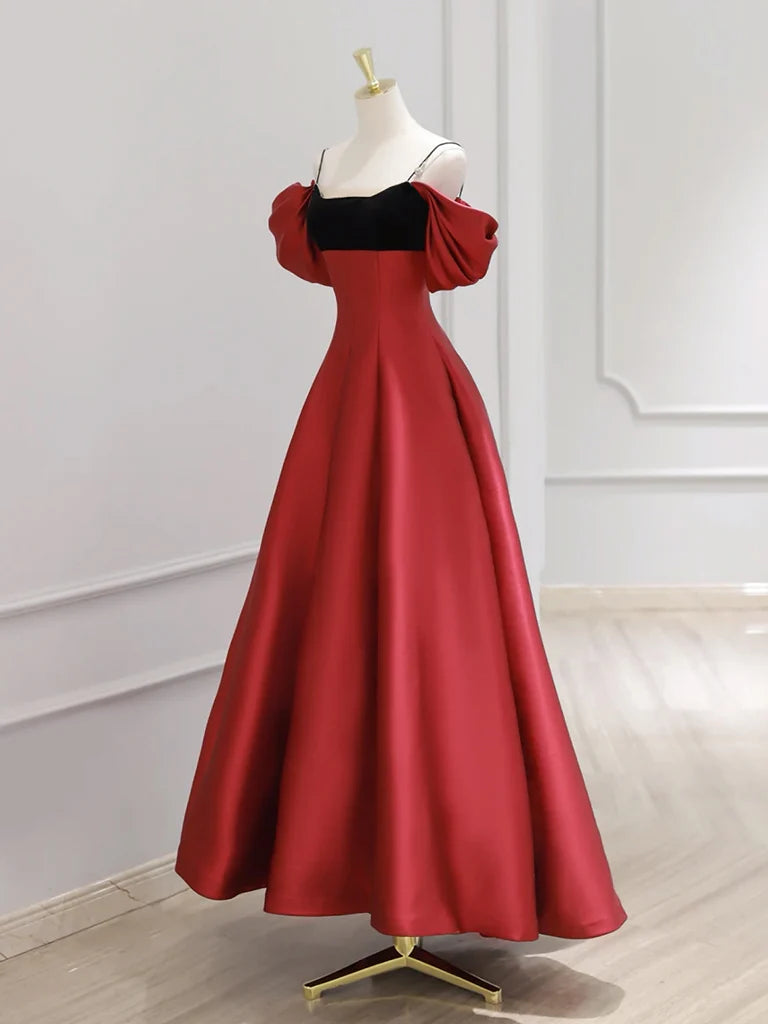 Buyishang A-Line Off Shoulder Satin Dark Red Long Prom Dress Red Long Formal Dress
