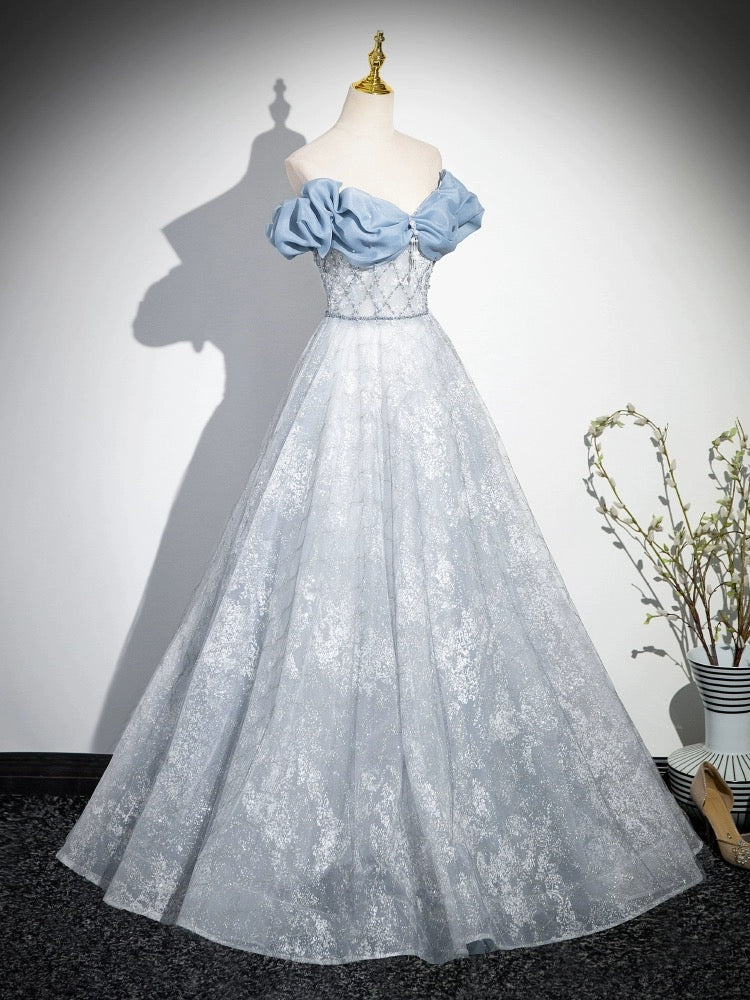 Buyishang A-Line Off Shoulder Tulle Lace Beads Blue Long Prom Dress Blue Long Formal Dress