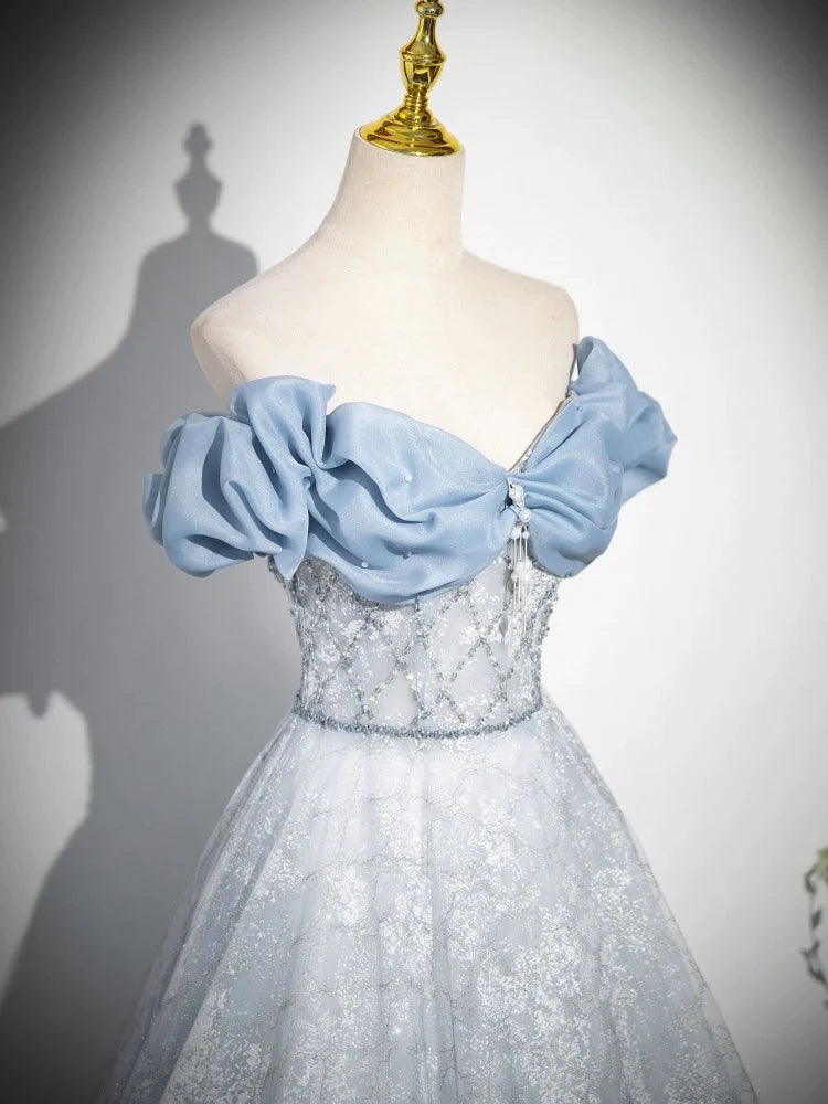 Buyishang A-Line Off Shoulder Tulle Lace Beads Blue Long Prom Dress Blue Long Formal Dress