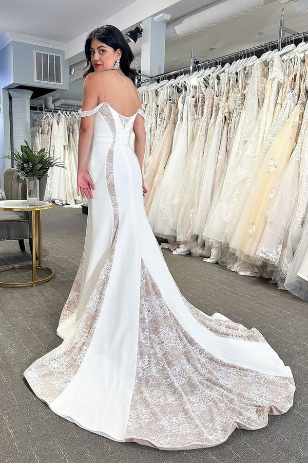 Buyishang Simple Mermaid Off The Shoulder Satin Wedding Dresses with Appliques