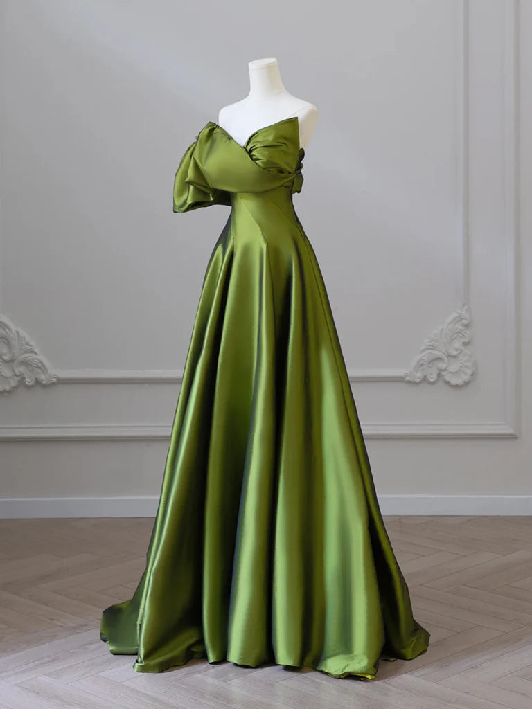 Buyishang A-Line V Neck Satin Green Long Prom Dress Green Long Formal Dress