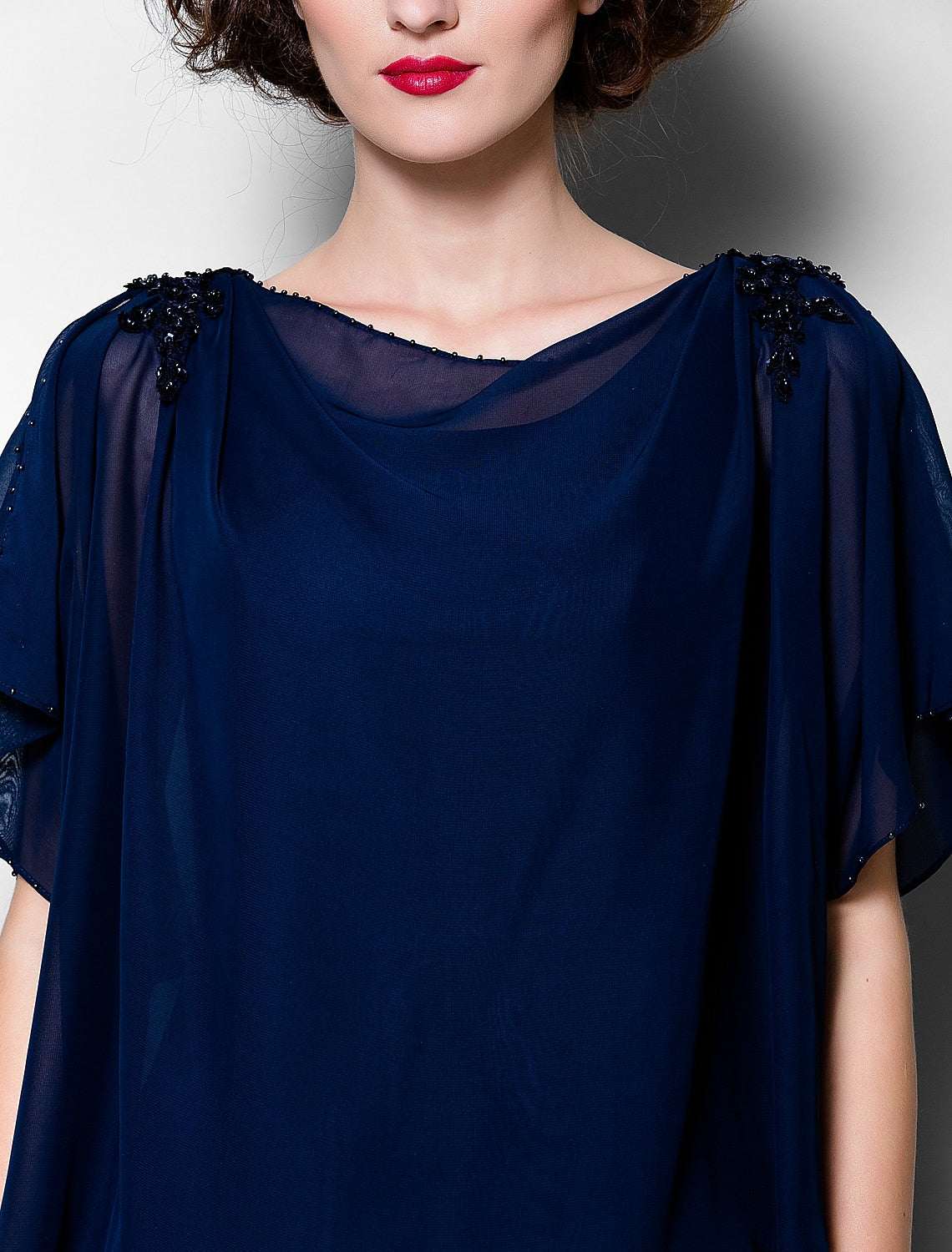 A-Line Mother of the Bride Dress Plus Size Elegant Cowl Neck Tea Length Chiffon Short Sleeve with Ruffles Crystal Brooch