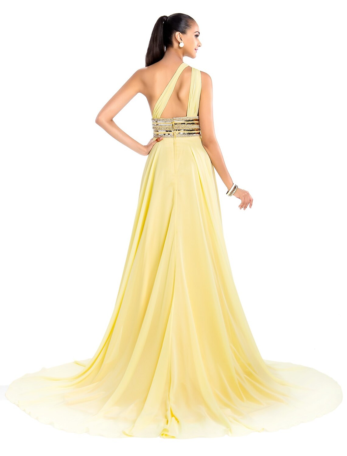 Sheath / Column One Shoulder Court Train Chiffon Open Back Prom / Formal Evening Dress with Beading / Draping / Side Draping