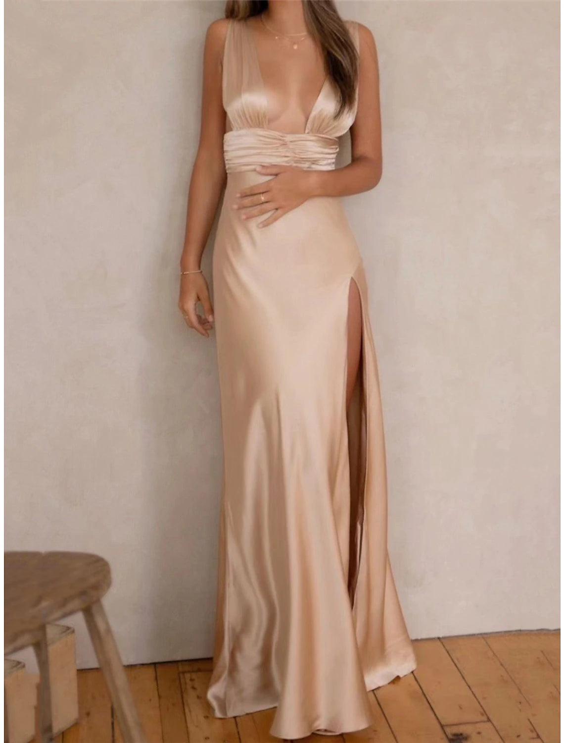 Women's Prom Dress Party Dress Wedding Guest Dress Long Dress Maxi Dress Rose Gold Black White Sleeveless Plain Split Summer Spring Fall Deep V Elegant Wedding Guest Evening Party Vacation