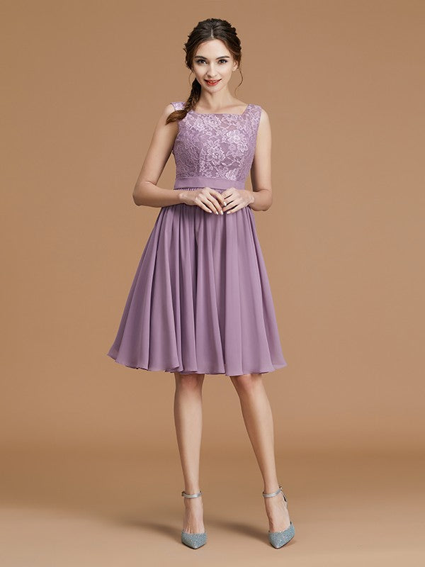 A-Line/Princess Bateau Sleeveless Short/Mini Lace Chiffon Bridesmaid Dresses