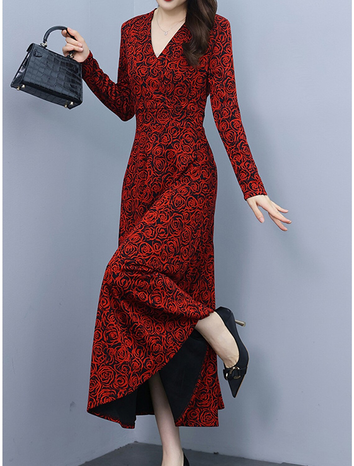 Women's Prom Dress Party Dress Wedding Guest Dress Long Dress Maxi Dress White Red Long Sleeve Floral Print Summer Spring Fall V Neck Elegant Wedding Guest Evening Party Vacation