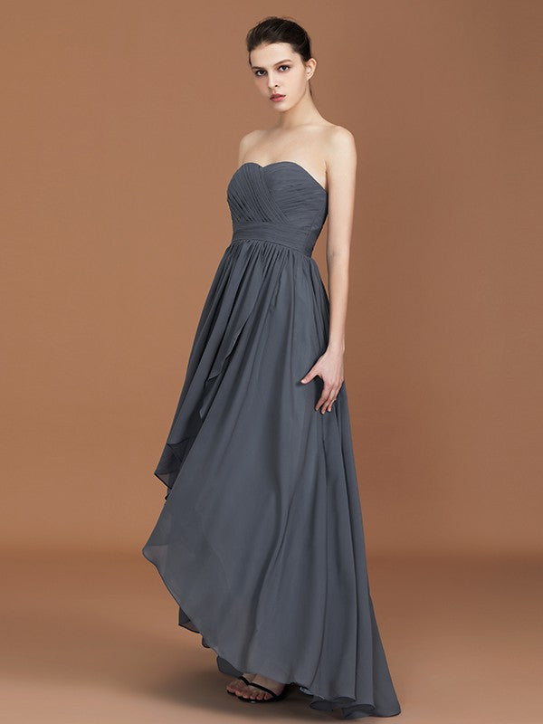A-Line/Princess Asymmetrical Sleeveless Ruched Sweetheart Floor-Length Chiffon Bridesmaid Dresses